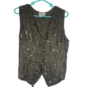 Vintage Sweet Sue 100% Silk Black Sequin Beaded Vest Top Women's Size Medium